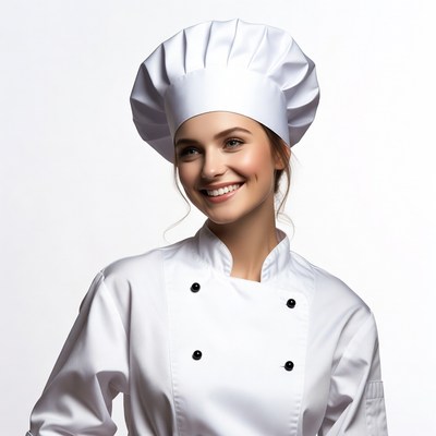 Smiling woman chef in white uniform