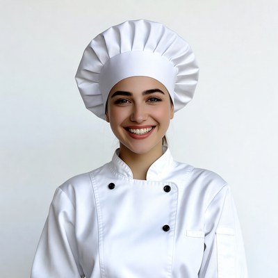 Smiling woman in white chef uniform