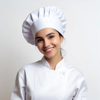 Smiling woman chef in white uniform