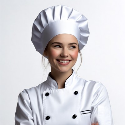 Smiling woman chef in white uniform