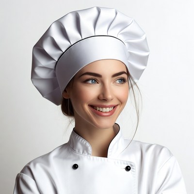 Smiling woman chef in white uniform