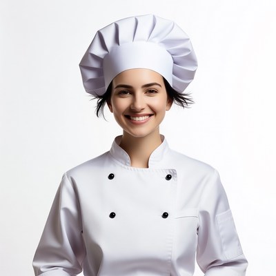 Smiling woman chef in white uniform