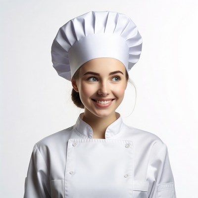 Smiling woman chef in white uniform