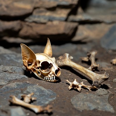 Cat Skull with Bones on Rocks