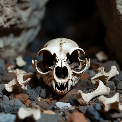 Cat Skull in Cave with Bones