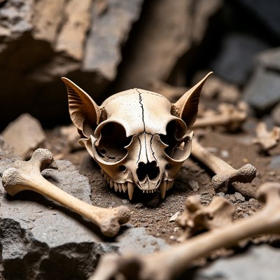 Cat Skull with Bat Ears and Bones