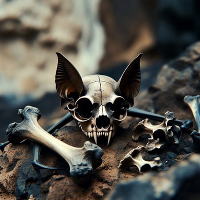 Bat Skull with Bones on Rocks