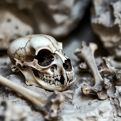 Dog Skull with Bones on Rocks