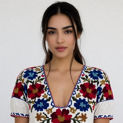 Latina woman in embroidered blouse