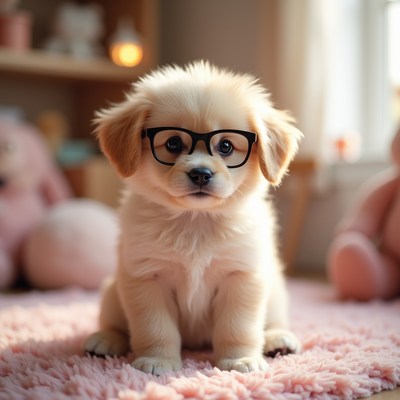 Puppy wearing glasses on pink rug