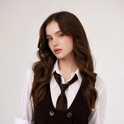 Young woman in brown vest and tie