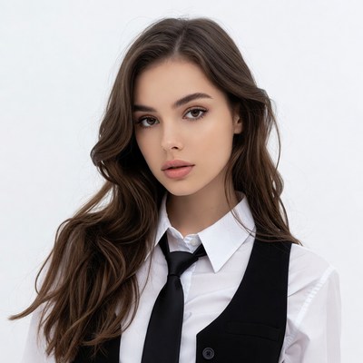 Woman in white shirt black vest tie