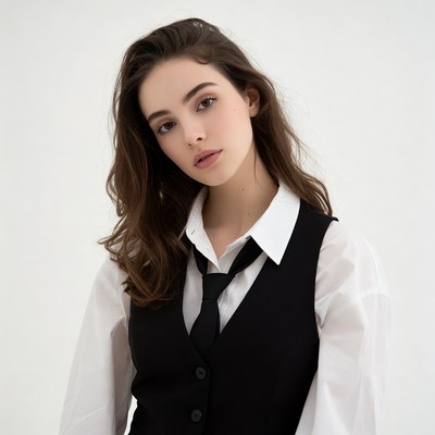 Woman in white shirt black vest tie