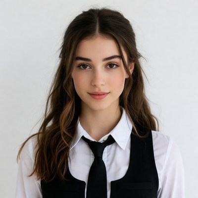 Young woman in white shirt black vest tie