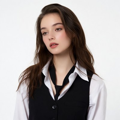 Young woman in white shirt black vest
