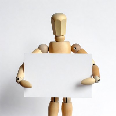 Wooden Mannequin Holding Blank Sign
