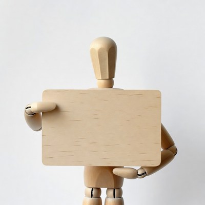Wooden mannequin holding blank sign