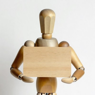 Wooden mannequin holding blank sign