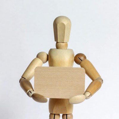 Wooden mannequin holding blank sign