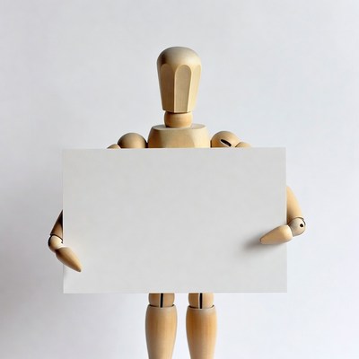 Wooden mannequin holding blank sign
