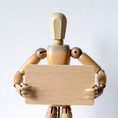 Wooden mannequin holding blank sign