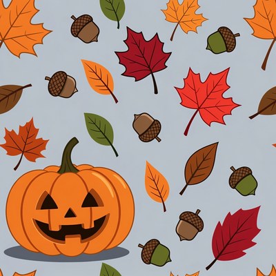 Jack-o-lantern with autumn leaves and acorns