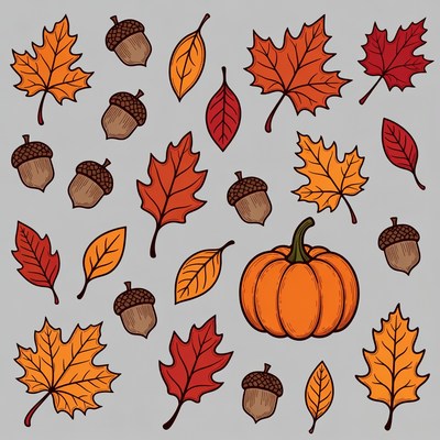 Fall Leaves Acorns Pumpkin Clipart
