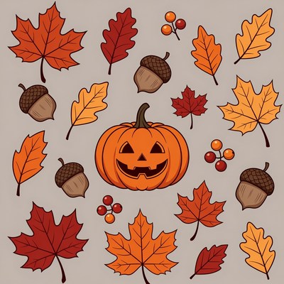 Jack-o-lantern with autumn leaves
