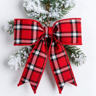 Red Plaid Bow on Snowy Christmas Branch