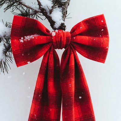 Red Plaid Bow on Snowy Pine Branch