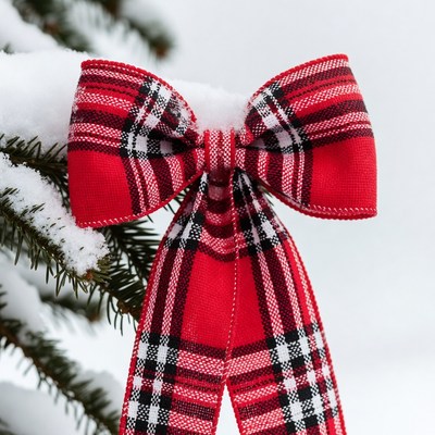 Snowy Red Plaid Bow on Christmas Tree