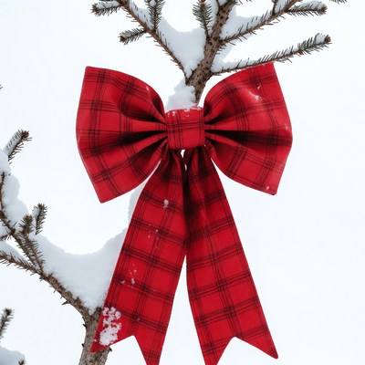 Red Plaid Bow on Snowy Branches