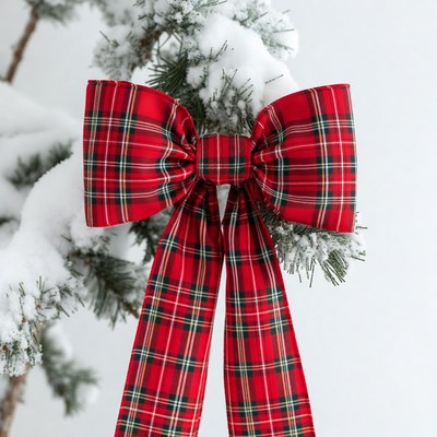 Red Plaid Bow on Snowy Christmas Tree