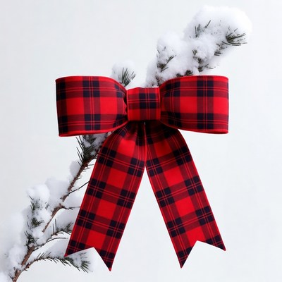 Red Plaid Bow on Snowy Pine Branch