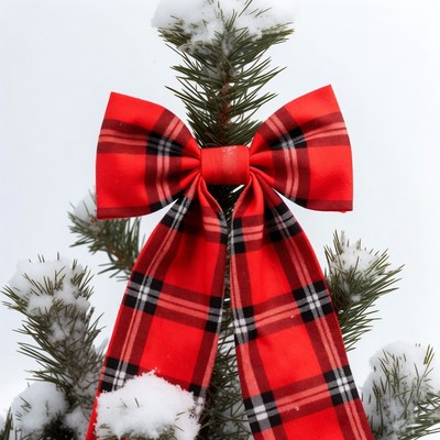 Red Plaid Bow on Snowy Christmas Tree