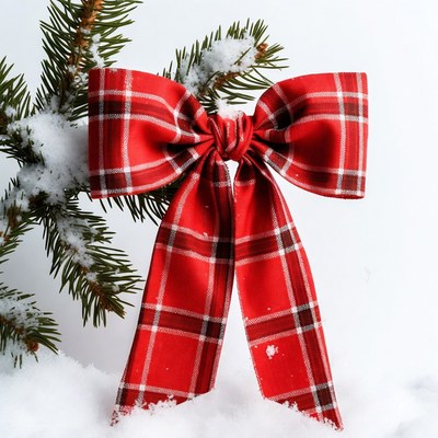 Red Plaid Bow with Snowy Pine Branches