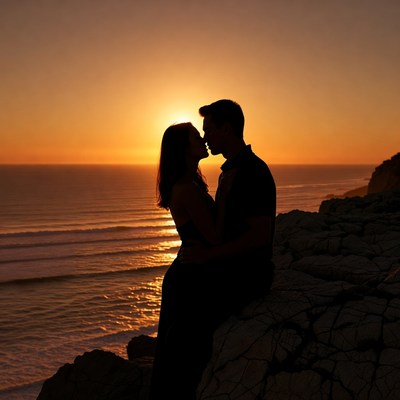 Couple kissing at sunset cliff