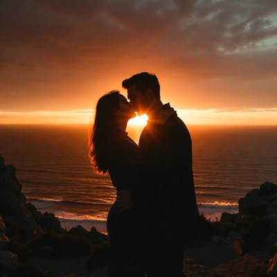 Silhouette couple kissing at sunset