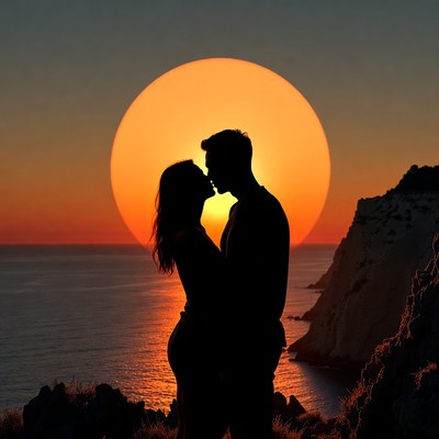 Silhouette couple kissing at sunset