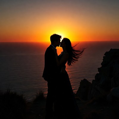 Silhouette couple kissing at sunset