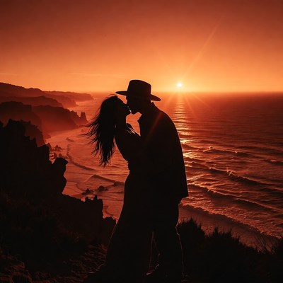 Silhouette couple kissing at sunset