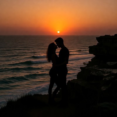 Silhouette couple kissing at sunset