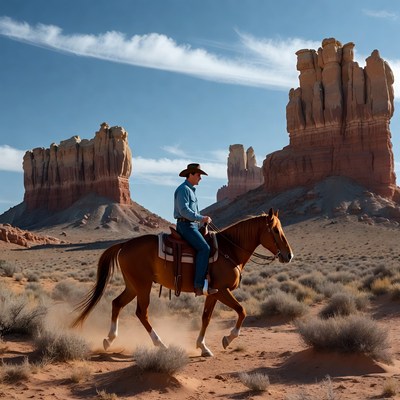 Cowboy riding horse in desert