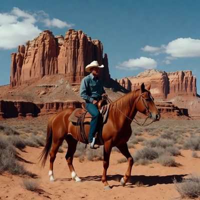 Cowboy riding horse near red rock formations