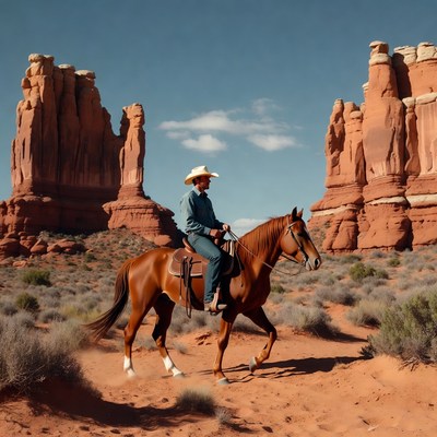 Cowboy riding horse in red rock desert