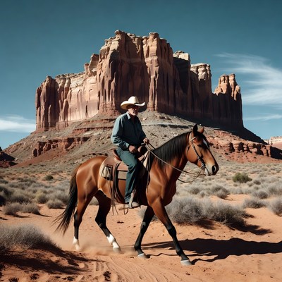 Cowboy riding horse near red rock formations