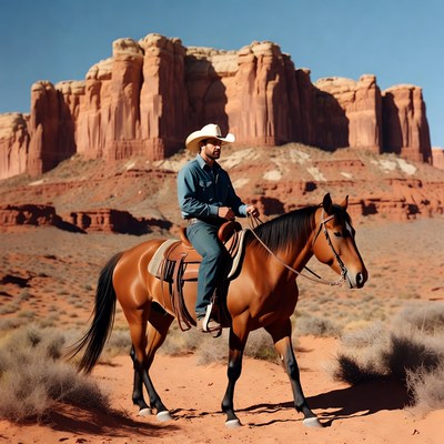 Cowboy riding horse in red rock desert
