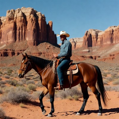 Cowboy riding horse in desert