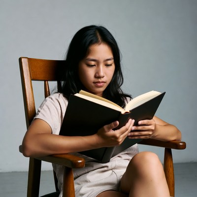 Asian woman reading book in chair