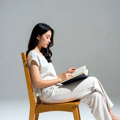 Asian woman reading book on chair